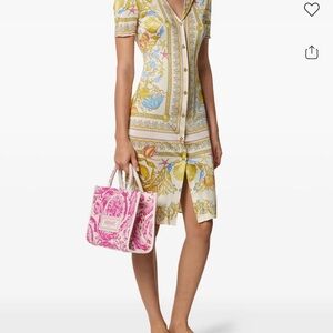 Versace Cream Baroque-Print Button Midi Dress with Yellow and Blue Motifs